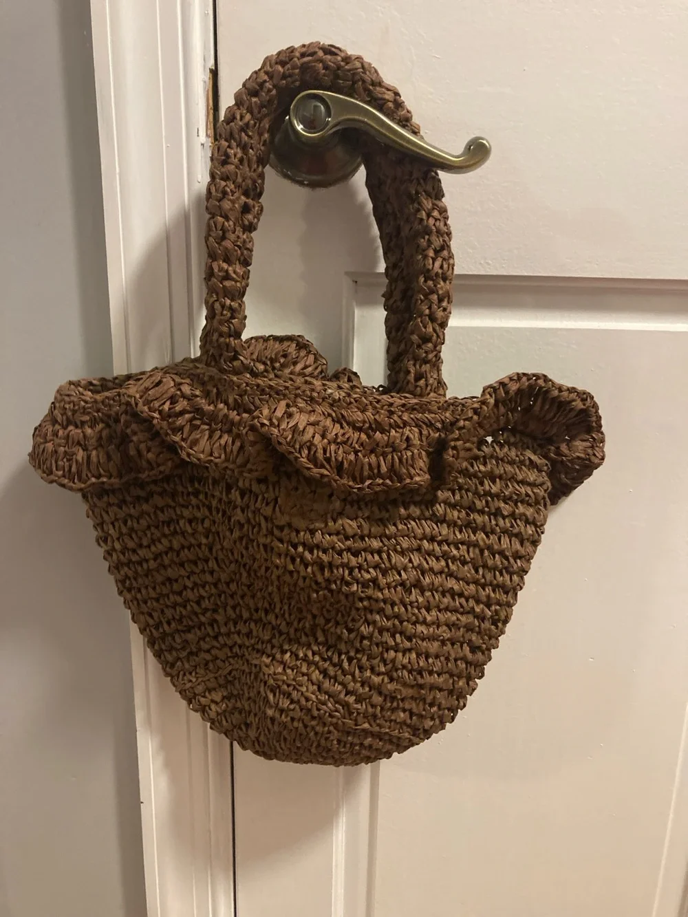 LOFT Brown Woven Ruffle-Trim Bag